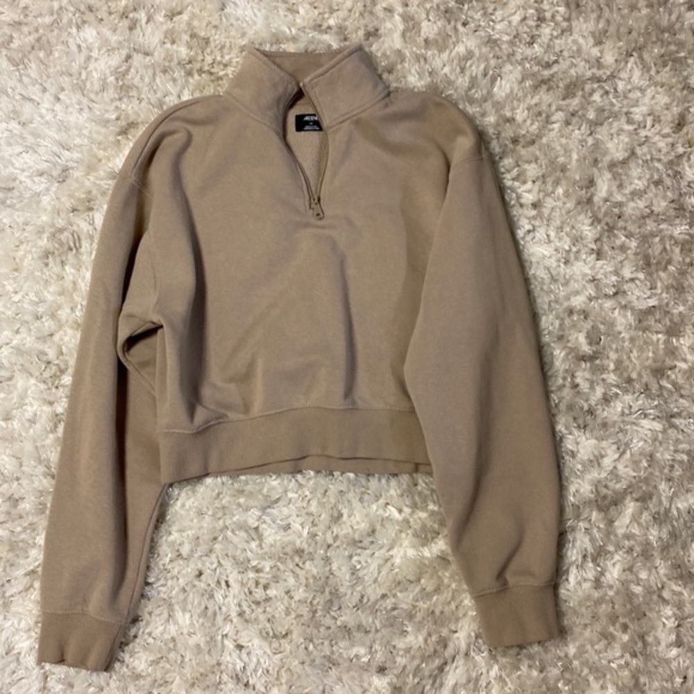 Women's 1/4 zip sweatshirt mock neck Neutral Tan Brown Fleece Large Beige